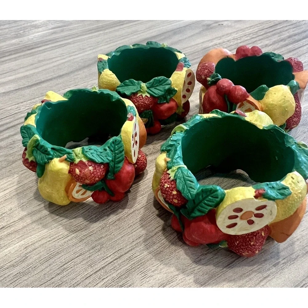 Vintage Mixed Fruit Set Of 4 Napkin Ring Holders Cherries‎ Strawberries Resin